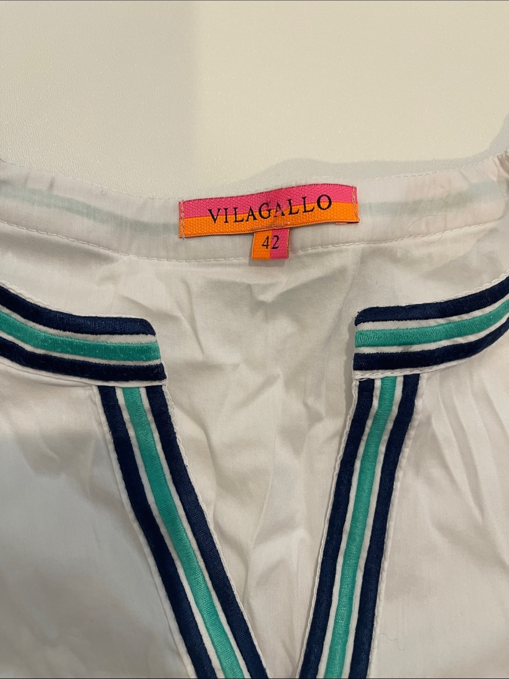 Vilagallo White Top with Teal and Navy Stripe Trim - Picture 2 of 7